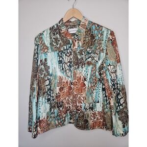 Alfred Dunner Jacket Women 14 Blue Brown Floral Cotton Coastal Grandmacore